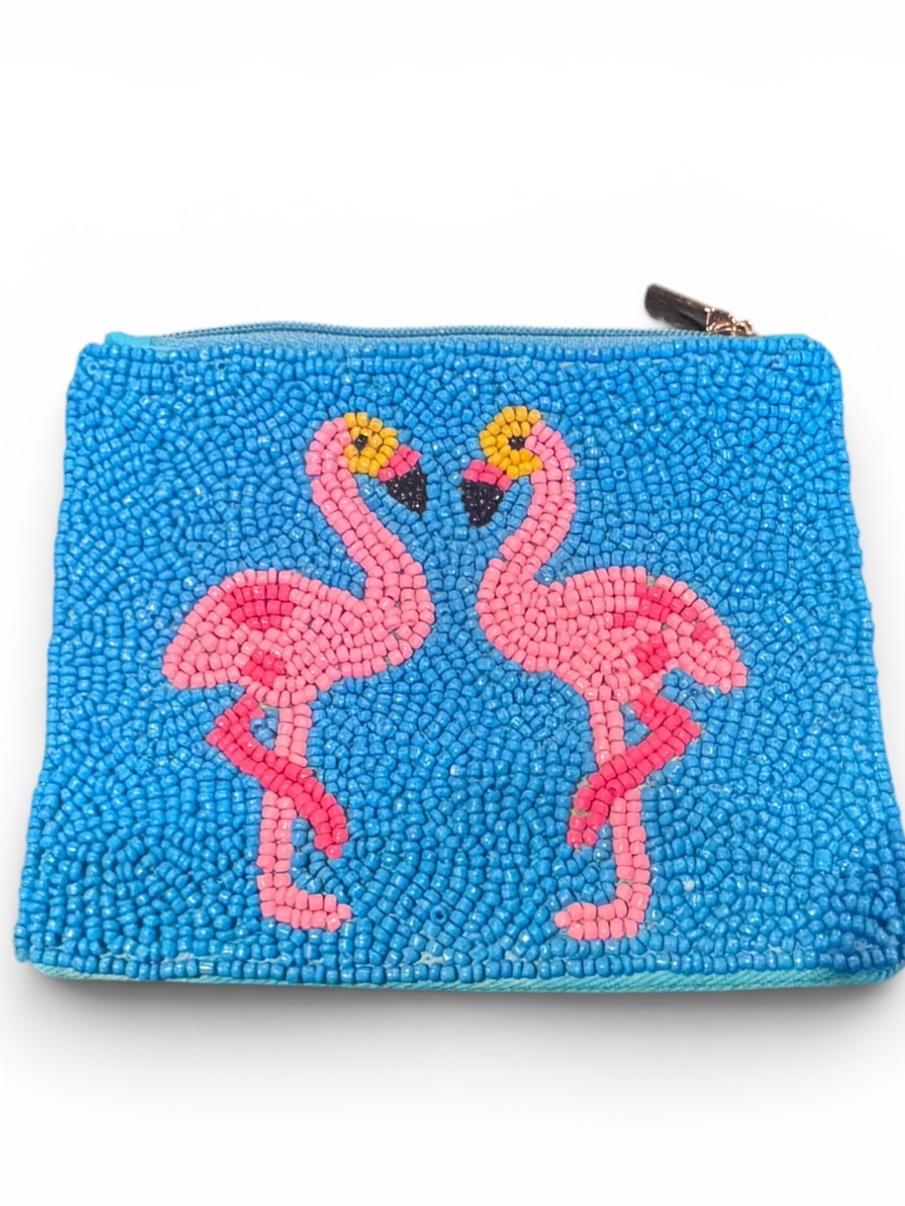 Flamingo Seed Bead Coin Purse Beaded Zip Pouch Pink Flamingos